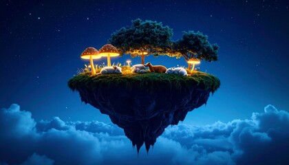 A floating island in the night sky, filled with sleeping animals and glowing mushrooms, whimsical and calming atmosphere"
