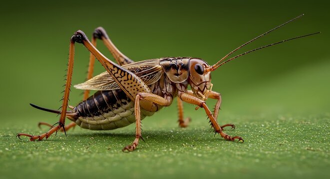 Close up macro shot of a cricket insect on a green leaf