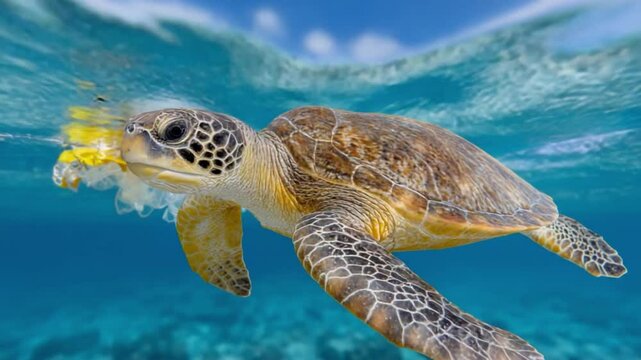 Sea Turtle and Plastic: A green sea turtle swims in the ocean, unknowingly ingesting plastic waste, highlighting the environmental issue of plastic pollution in marine ecosystems.