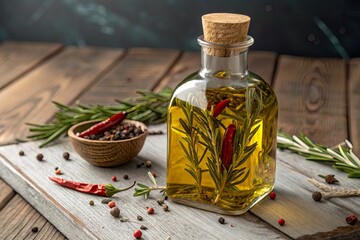 Glass bottle of infused oil with chili and rosemary on rustic wooden table with spices