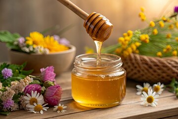 Honey dripping from a wooden dipper into a jar surrounded by colorful flowers and natural elements