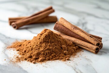 Ground cinnamon with cinnamon sticks on a marble surface, highlighting natural spices for cooking