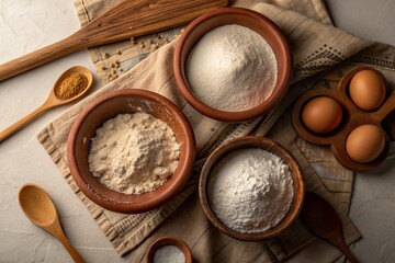 Ingredients for Baking Flour, Eggs, and Spices Arranged on a Rustic Tabletop