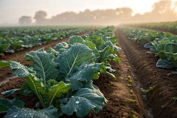Morning dew on lush green cabbage plants in a foggy field at sunrise, showcasing nature's beauty