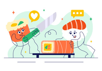 Sushi Bar Vector Illustration Featuring Japanese Asian Food or Restaurant with Sashimi and Rice Served with Soy Sauce and Wasabi in a Flat Background