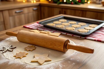 Preparing festive cookies with a rolling pin and baking tray in a cozy kitchen adorned with lights
