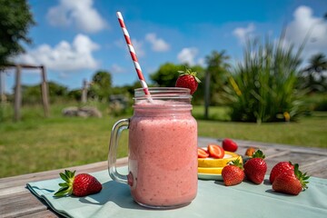 Refreshing strawberry smoothie in a mason jar with fresh fruits on a picnic table outdoors