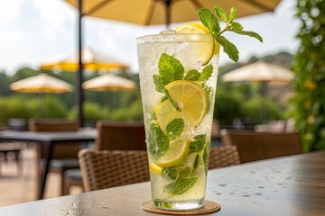 Refreshing lemonade cocktail with mint and lemon slices, served outdoors in a sunny café
