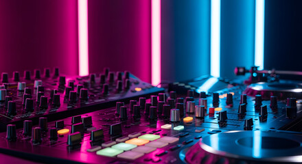DJ Mixing Console with Pink and Blue Neon Lights | Professional Music Equipment for Nightclub, Party Events and Electronic Music Production