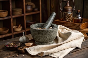 Rustic kitchen scene featuring a stone mortar and pestle with spices, herbs, and wooden utensils