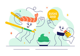 Sushi Bar Vector Illustration Featuring Japanese Asian Food or Restaurant with Sashimi and Rice Served with Soy Sauce and Wasabi in a Flat Background