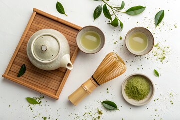 Serene tea preparation scene with matcha, teapot, and cups surrounded by fresh green leaves
