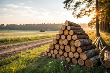 Stacked logs in a serene forest landscape at sunset, with a dirt path and fields in the background