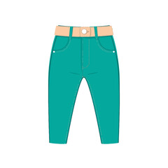 Teal colored denim jeans with a tan belt isolated on white background