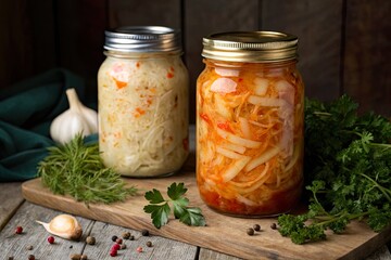 Two jars of colorful fermented vegetables on a wooden board with herbs and garlic nearby