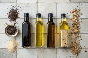 Various types of oils and seeds arranged on a tiled surface, showcasing natural ingredients