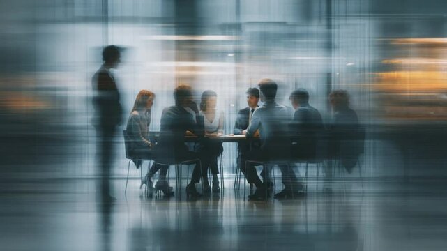 Business Meeting Dynamics: Dynamic depiction of a business meeting, where a diverse group of professionals engage in collaborative decision-making. The image highlights interaction and communication 