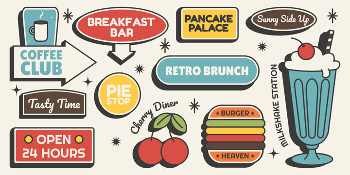 Retro sticker set. Diner signs with coffee, brunch, burgers and desserts. Food and cafe labels in mid century 50s style. Vector illustration in vintage palette