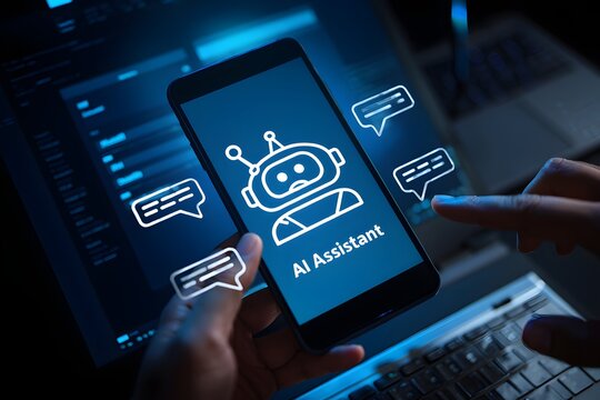 AI chatbot virtual assistant technology concept. Person using smartphone chat with AI chatbot that has dialogue bubbles, representing artificial intelligence, help, smart customer service technology,

