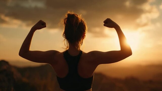 Resilience in the Golden Hour: A determined figure stands tall, flexing her muscles against a breathtaking sunset, embodying strength, self-assuredness, and the indomitable spirit of perseverance. 