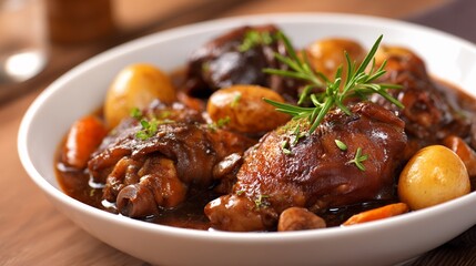 Rich Chicken Stew with Potatoes and Carrots in Brown Sauce