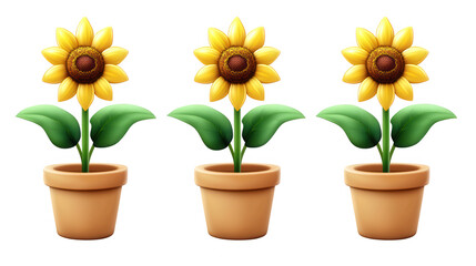 Three Bright Sunflowers In Flower Pots