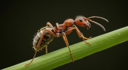 Macro photo of an ant on green stem insect close up view
