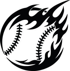 Baseball depicted with flames surrounding it, creating a fiery and dynamic design.