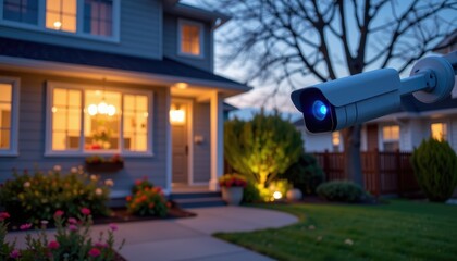 Obraz premium Home exterior with security camera at twilight, showcasing a well-lit garden.