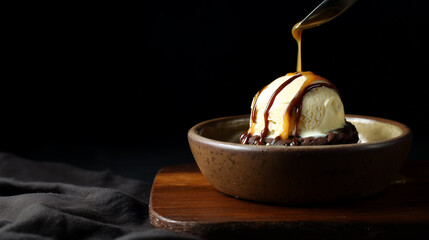 Vanilla ice cream over chocolate cookie with caramel in bowl