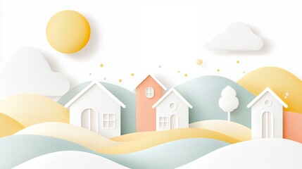 Pastel Paper Art Village Landscape with Cute Houses and Hills