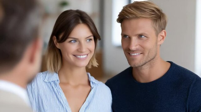 Happy Couple: An attractive couple with warm smiles interacts with a professional, potentially during a consultation or presentation in a domestic environment, depicting positive dynamics.