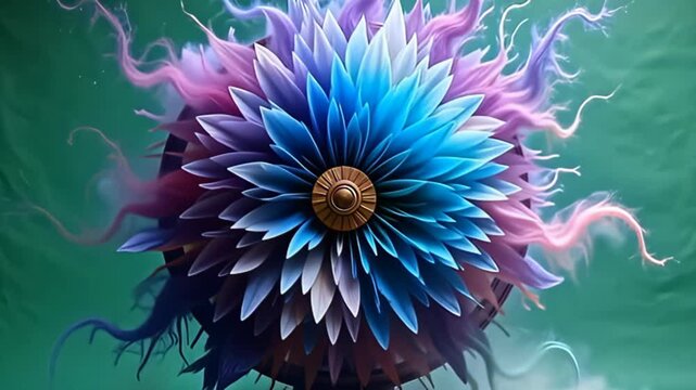 An explosion of color bursts forth in slow motion as the spinning wheel of noise hazy abstract chromatic echoes unfurls its layers like petals opening to the sun, with each layer softly