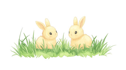 Two Cute Rabbits Sitting In Green Grass