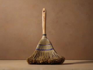 Broom on a simple solid pale brown background