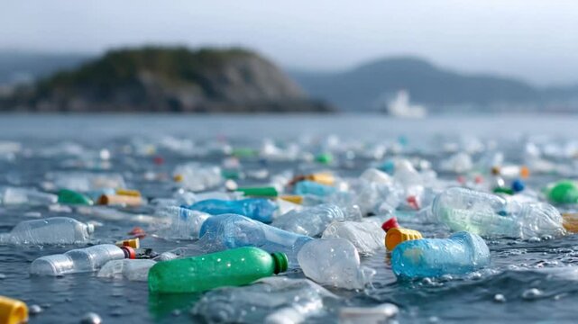 Oceanic Lament: A poignant visual narrative unfolds, showcasing the pervasive impact of plastic pollution upon the ocean, where countless bottles float.