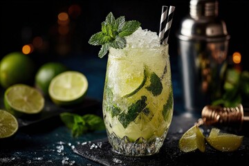 Bartender preparing a mojito cocktail with lime, mint, and ice, using professional bar tools and a cocktail shaker, in a stylish bar setting