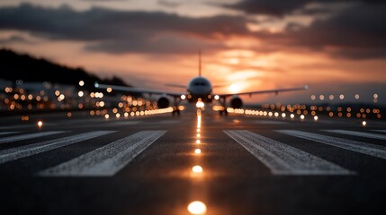 Obraz premium Lone Aircraft Taxiing with Illuminated Path at Dusk Under a Clear Twilight Sky 