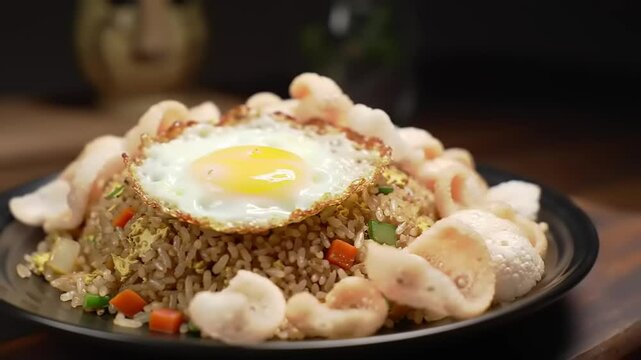Fried Rice with Egg, and Crispy Crackers.