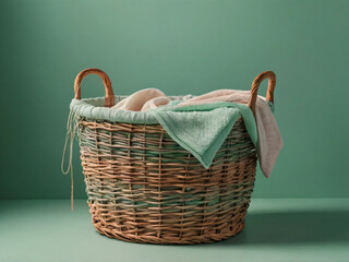 Laundry basket on a simple solid pastel green background