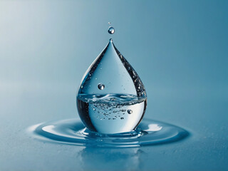 Water drop on a simple solid light blue background