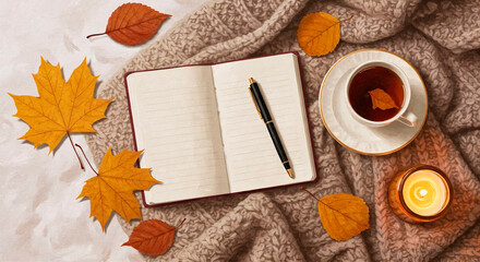 Autumn leaves and cozy scene with notebook, tea, and candle  