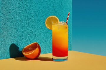 Vibrant tequila sunrise cocktail stands on a colorful backdrop with a lemon slice, accompanied by half an orange, creating a refreshing summer scene