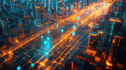 Smart cityâ€™s traffic system connected by glowing cybernetic signals 