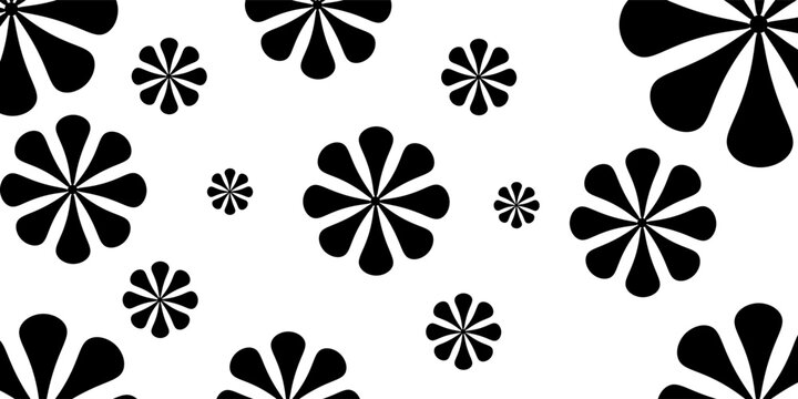 Seamless retro flower pattern with bold black floral shapes on a white background, perfect for vintage design themes.