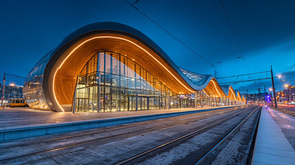 Fototapeta premium Modern Railway Station at Blue Hour