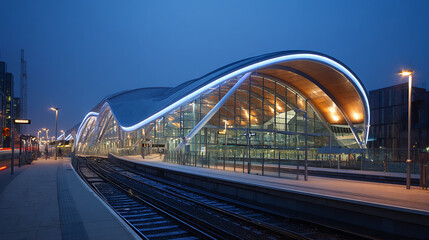 Fototapeta premium Modern Railway Station at Blue Hour