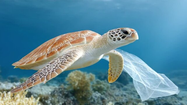 Ocean's Sorrow: A majestic sea turtle swims through clear, inviting waters, unknowingly entangled with a translucent plastic bag, a poignant symbol of pollution's impact on marine life. 