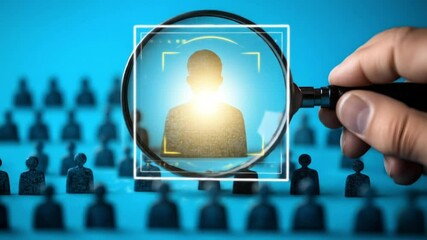 A magnified perspective of a silhouette individual, symbolizing the concept of talent acquisition, headhunting and human resources. Focused on a selection in a pool of potential candidates.