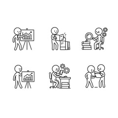 Fototapeta premium Collection of six minimalist line art illustrations depicting various business activities such as presentations, document review, research, teamwork, and strategic planning, ideal for presentations